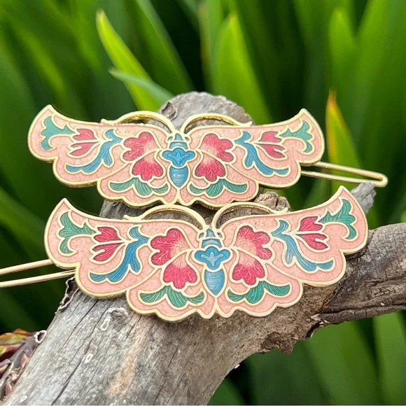 Vintage Cloisonné Enamel Butterfly Hair Barrettes – Set of 2